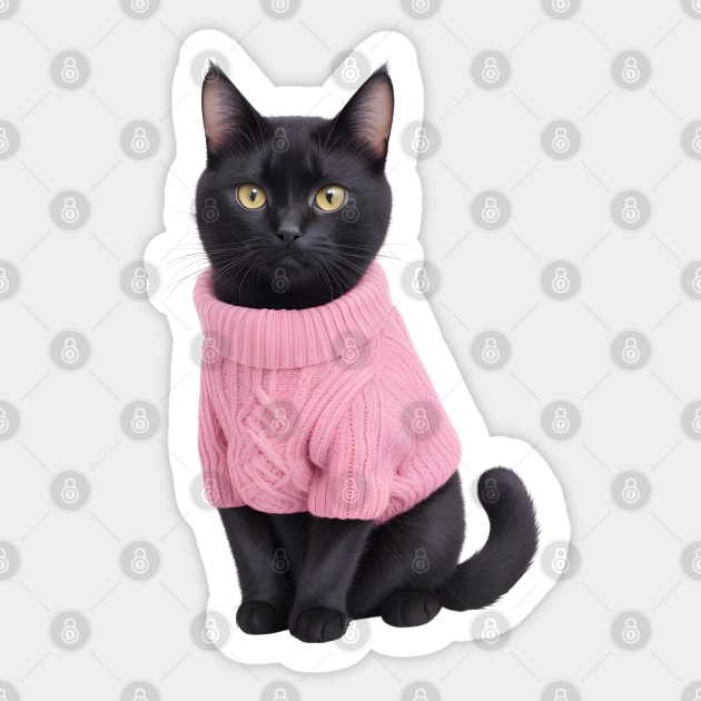 Black cat wearing pink sweater Sticker by Luckymoney8888